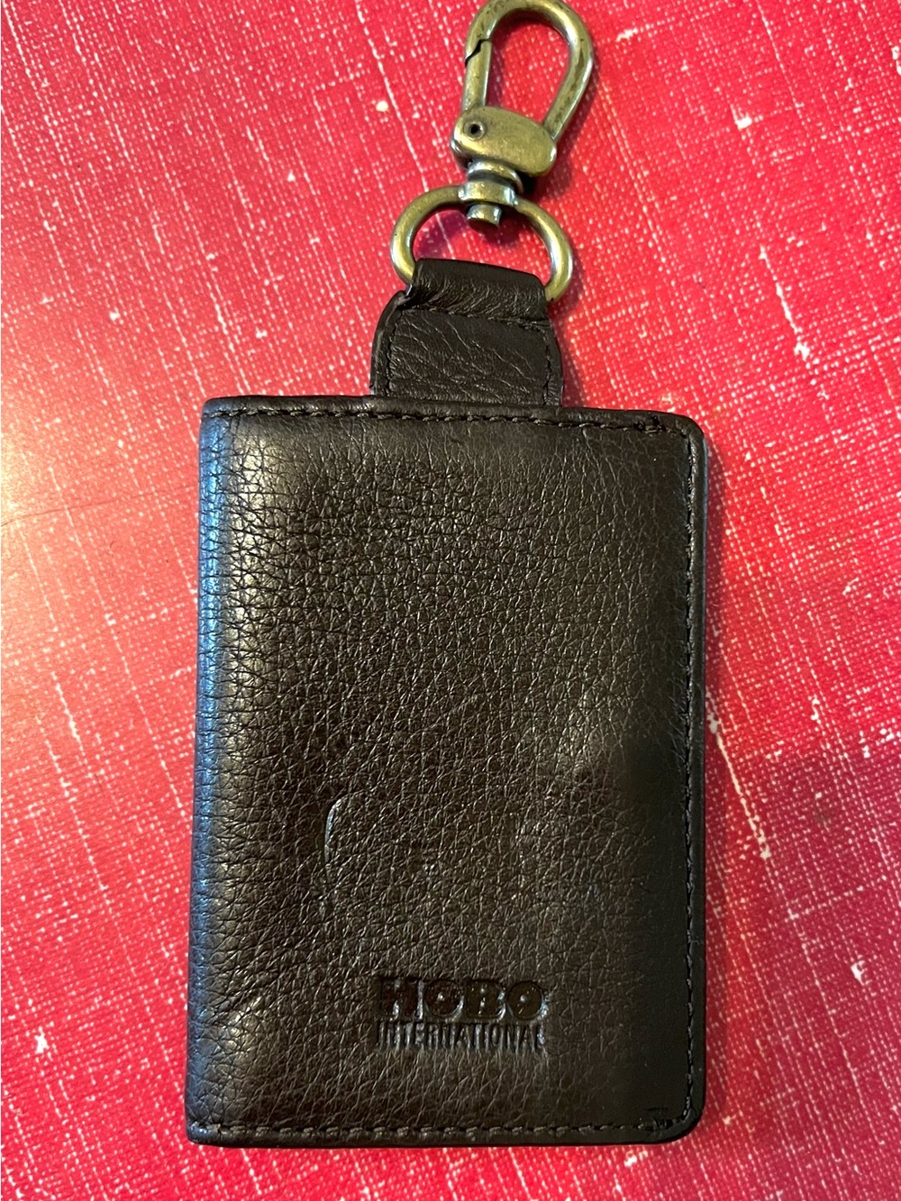 HOBO Dark Brown Pebbled Leather Key & Card Holder with Antique Brass Clip.
